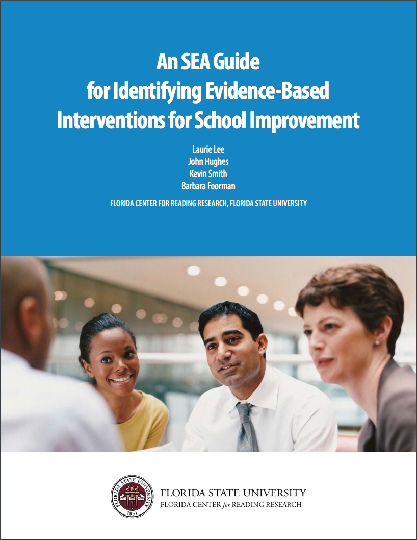 Guides for Identifying Evidence-Based Interventions for School Improvement with blue background and people talking at a table