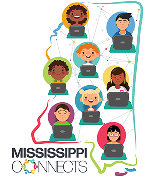 Students with computers in the outline of the state of Mississippi