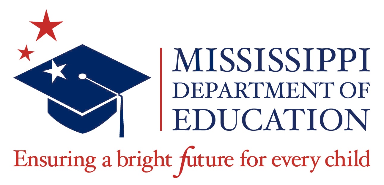 MDE Logo red and blue lettering with navy graduation cap 